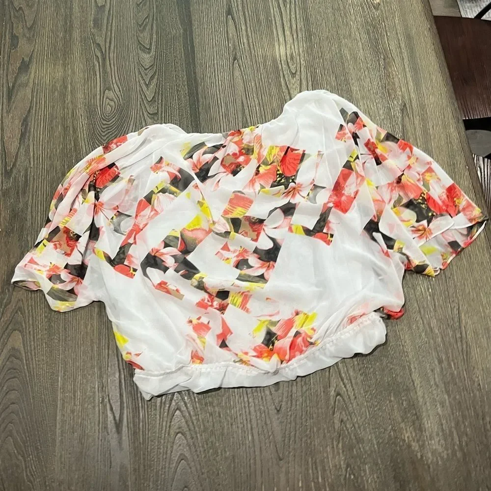Vince Camuto Chiffon Blouse Floral Flutter Sleeve Pullover Multicolor Size L